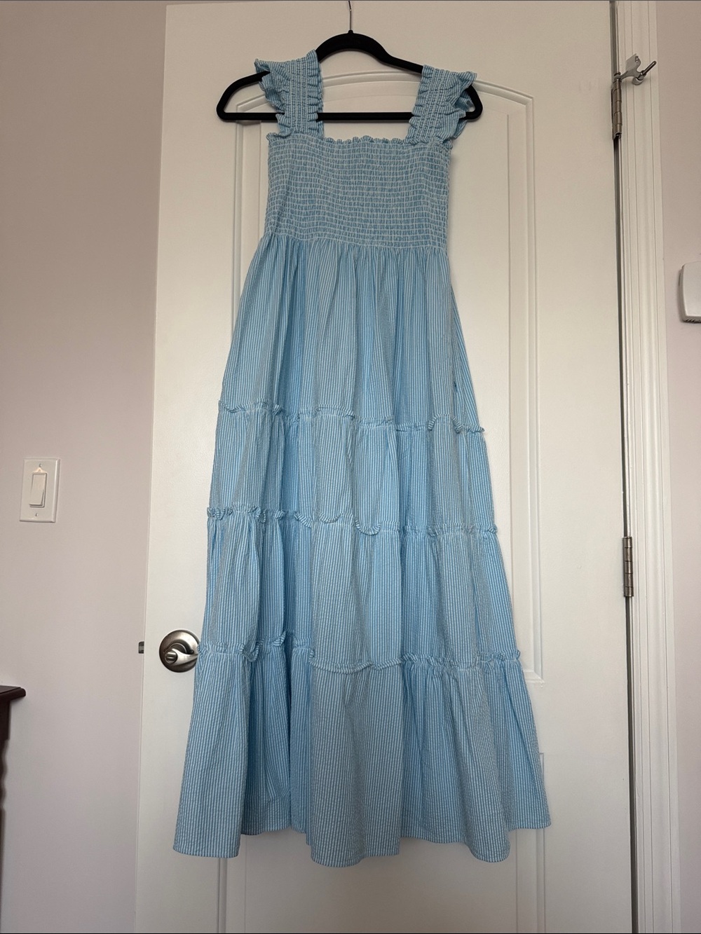 Light Blue Tiered Maxi Dress with Smocked Bodice